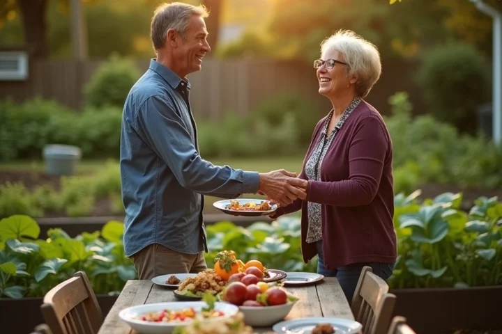 Two mature adults greet each other at a relaxed neighborhood potluck in a community garden