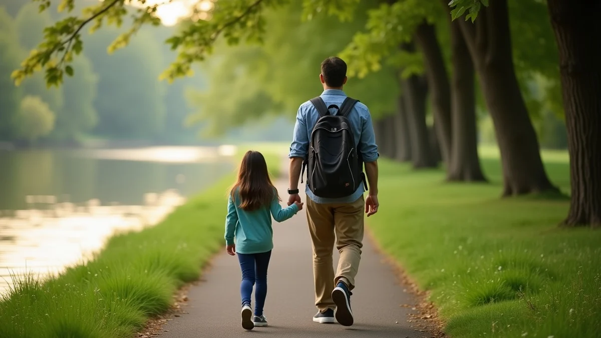 A divorced parent and a teenage child walk side by side along a leafy riverside trail, carrying no phones