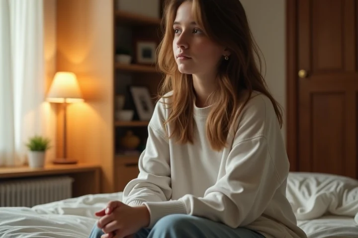 A thoughtful teenage girl sits on the edge of a neatly made bed in a quiet bedroom, shoulders relaxed but expression guarded