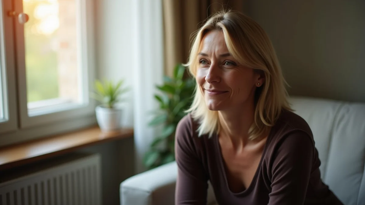 A middle-aged adult sits in a softly lit apartment by a window, facing slightly toward the camera with an open posture and calm