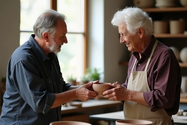 Two middle-aged adults exchange a small handmade clay bowl during a quiet conversation at a neighborhood ceramics workshop
