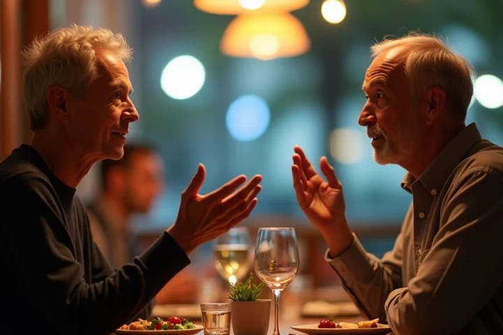 Two middle-aged adults speak across a small dinner table, one person raising an open hand to clarify an agreement while the other listens attentively