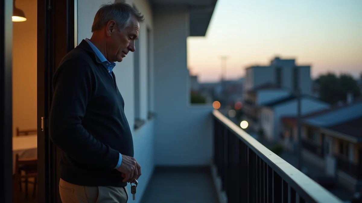 A middle-aged divorced man pauses on a quiet apartment balcony