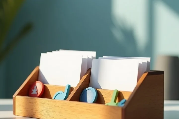 A divided wooden organizer holds two clearly separate compartments of blank profile cards, colored location tokens