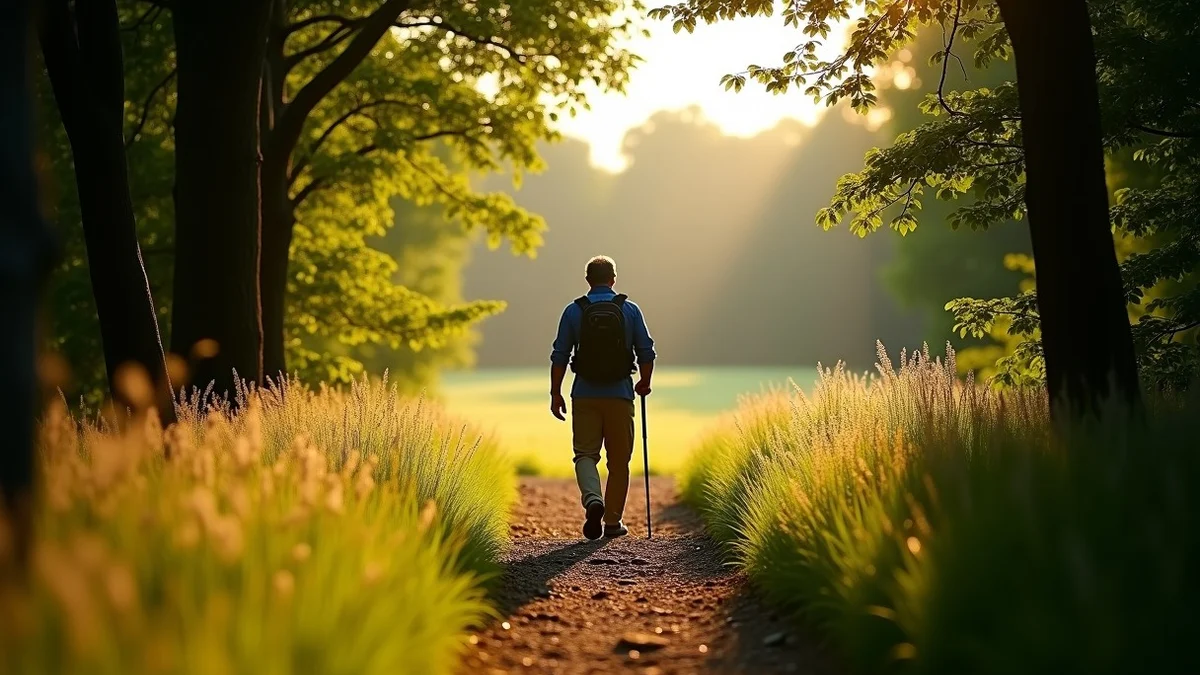A middle-aged adult pauses before stepping from a shaded woodland trail into a sunlit meadow, one hand resting on a hiking-pole strap
