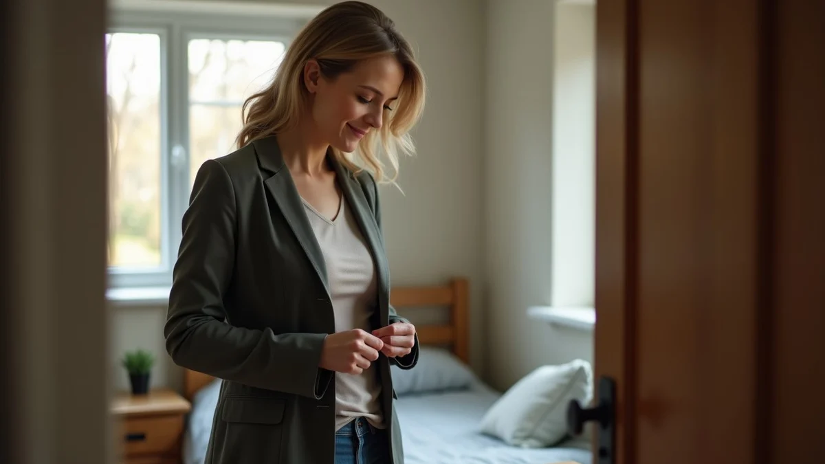 A middle-aged woman calmly buttons a simple jacket in a tidy bedroom before leaving for a first date, with house keys resting on a small wooden table
