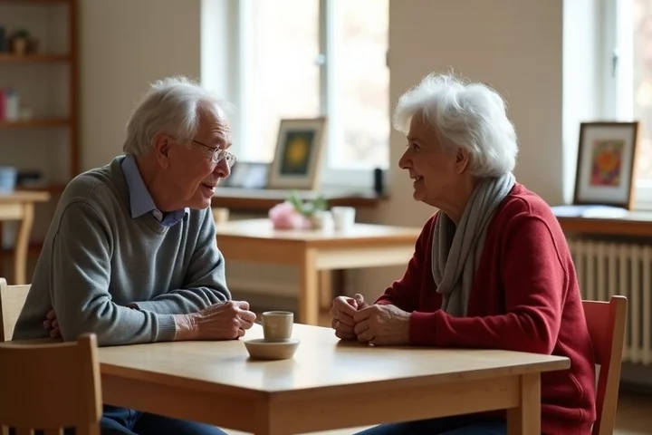Two older adults exchange attentive conversation at a small table in a community art room