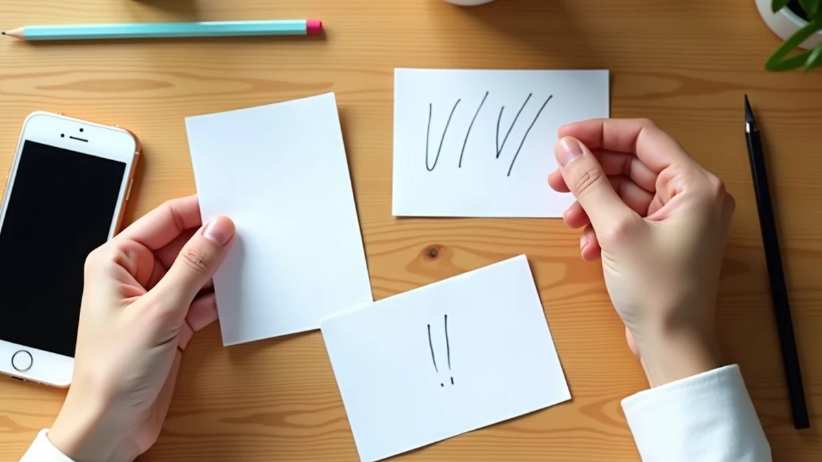 A person's hand arranges three blank conversation cards beside a closed smartphone and a sharpened pencil on a simple wooden desk