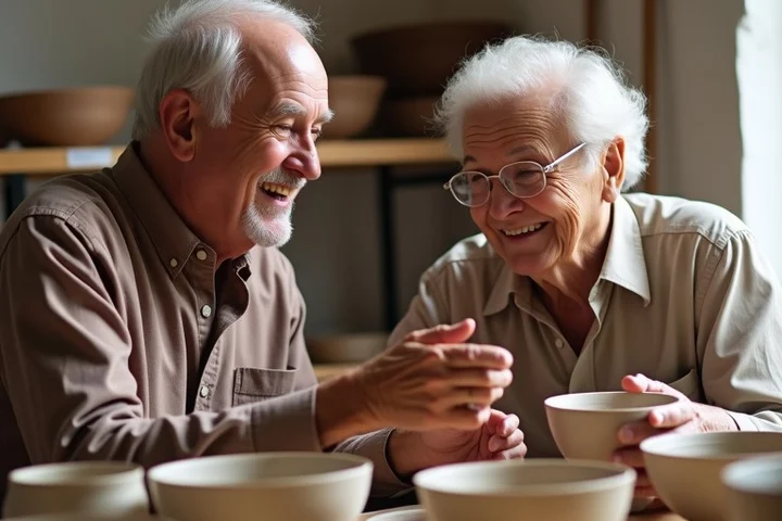 Two middle-aged adults compare hand-thrown ceramic bowls at a bright community ceramics studio
