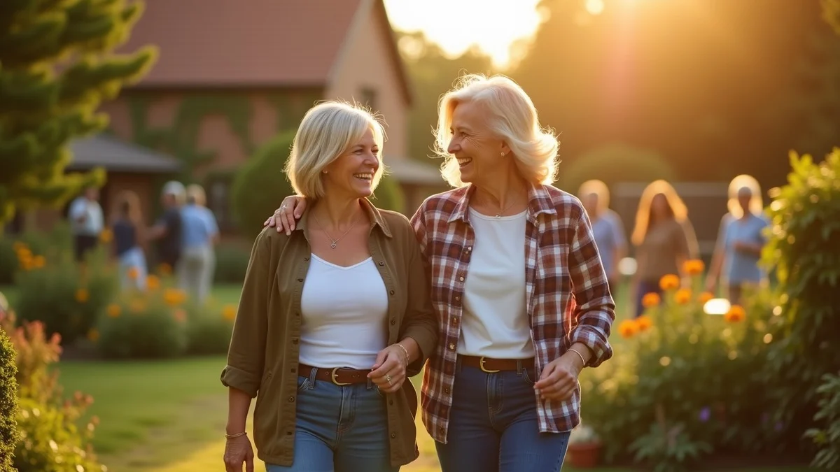 A recently divorced woman in her early 60s walks beside a supportive friend through a lively community garden