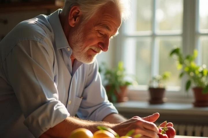 A mature man in his late 50s arranges two plates and fresh fruit on a sunlit kitchen table before a quiet breakfast