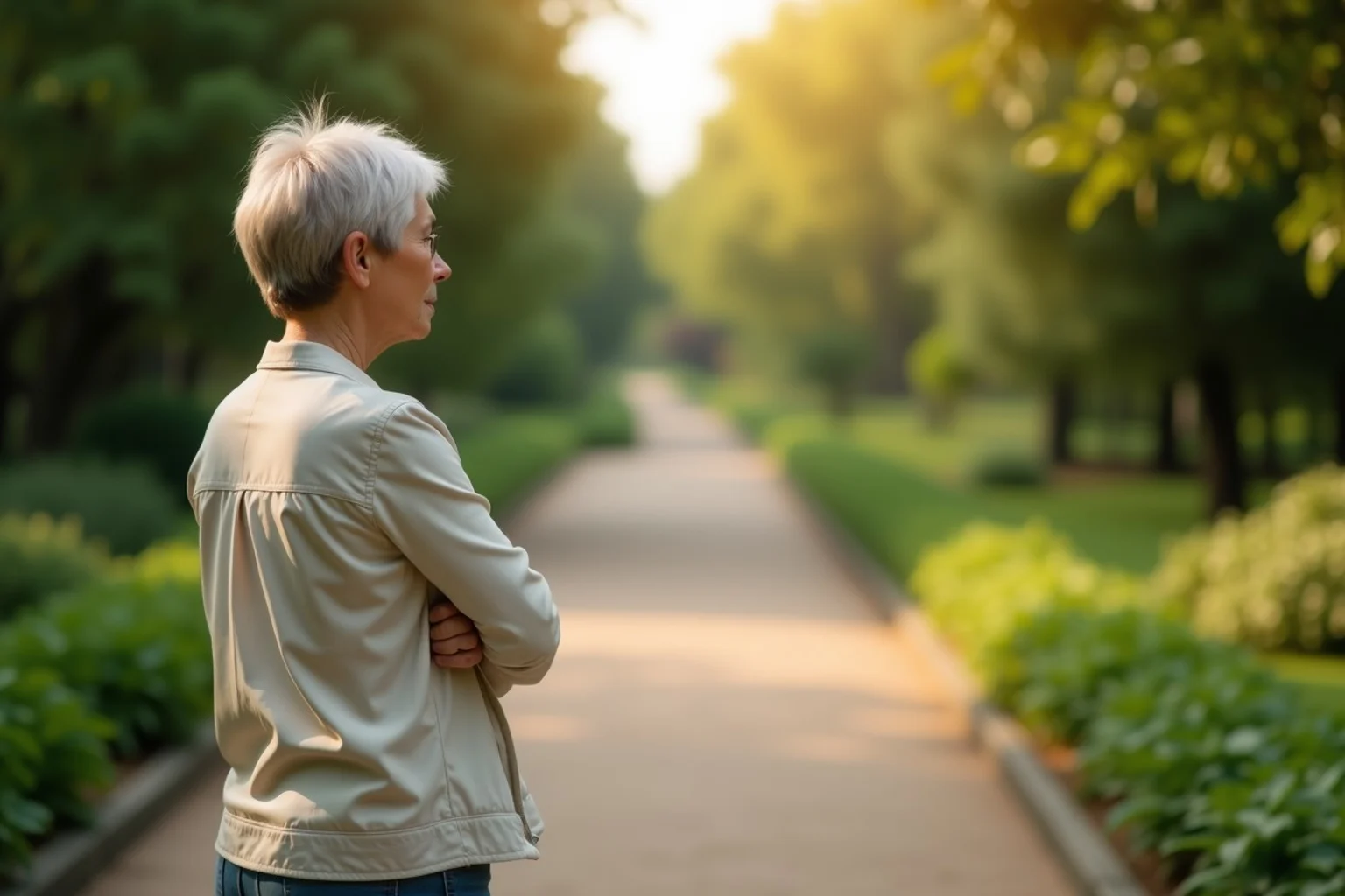 A middle-aged woman stands at a fork in a botanical garden