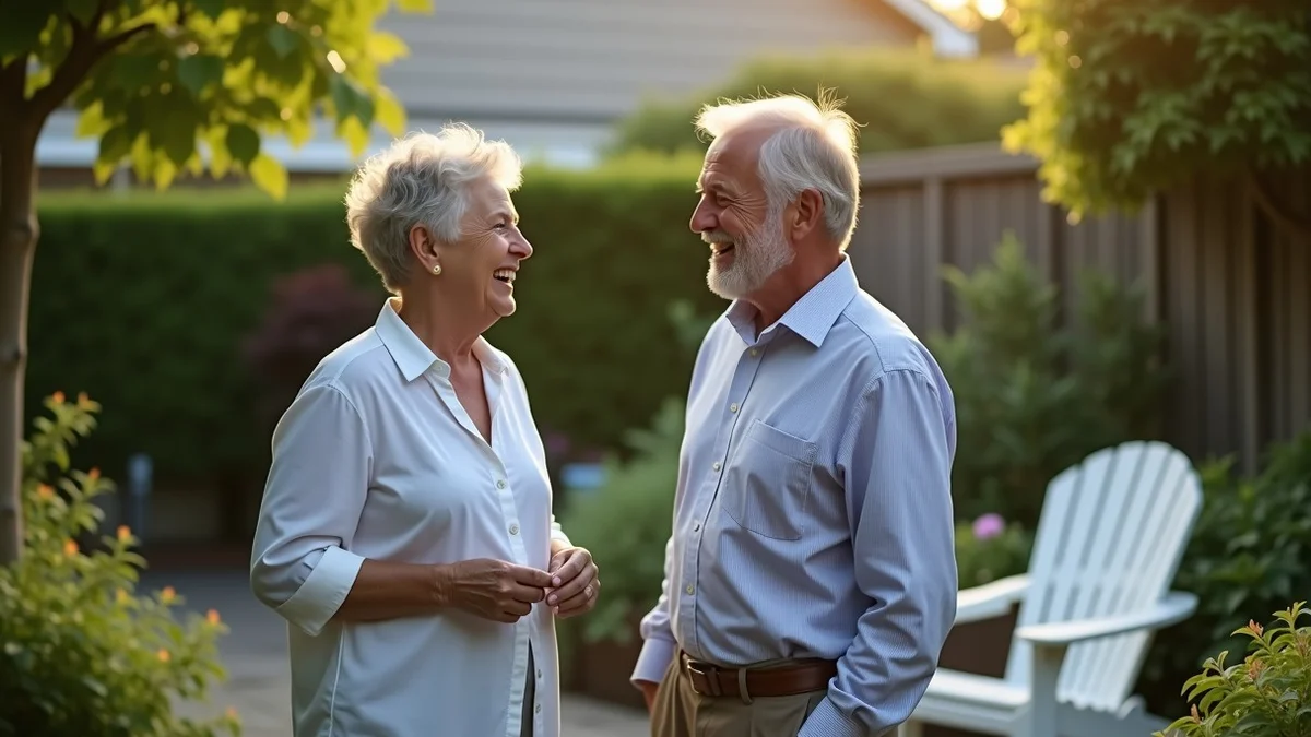 Two middle-aged adults meet and laugh during a relaxed neighborhood garden gathering