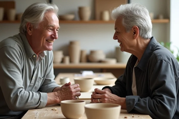 Two middle-aged adults are introduced beside a communal pottery table in a bright community arts workshop