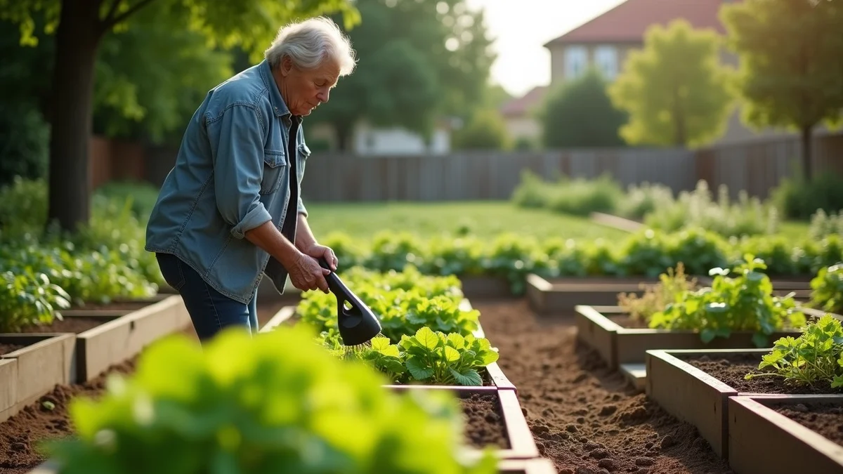A middle-aged adult waters one raised vegetable bed in a spacious community garden while neighboring beds remain quiet and untouched
