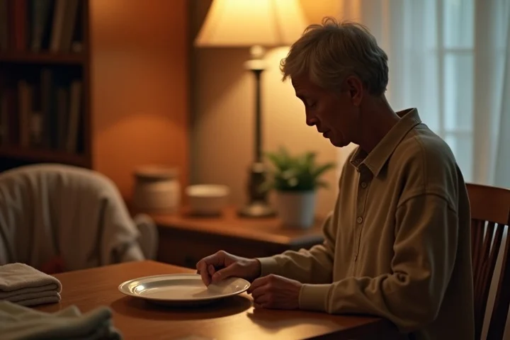 A middle-aged adult places one dinner plate on a small dining table while folded laundry and a softly lit reading chair wait nearby