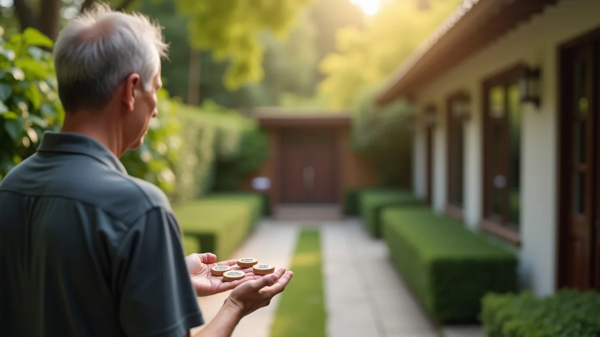 A middle-aged adult weighs four unmarked ceramic tokens in their hands while considering four separate paths across a peaceful home courtyard