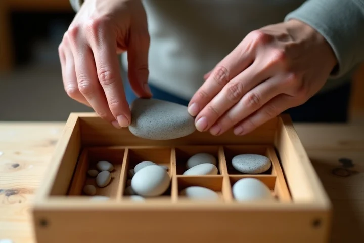 A middle-aged adult moves one smooth stone into a chosen compartment of a handcrafted wooden sorting tray on a neutral workshop table