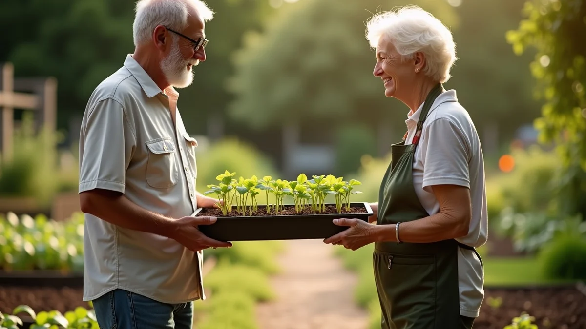 Two middle-aged adults exchange a tray of seedlings in a community garden, turning a recurring shared activity into a natural social connection