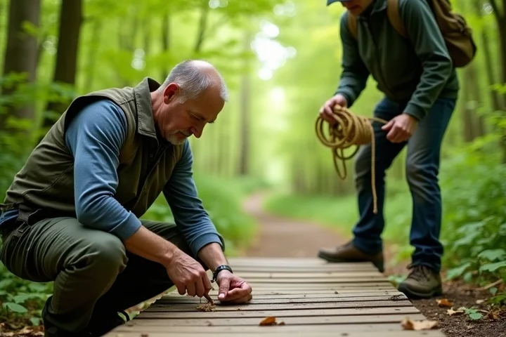 A middle-aged volunteer kneels to repair a small wooden footbridge while another volunteer holds a coil of rope on a forest trail