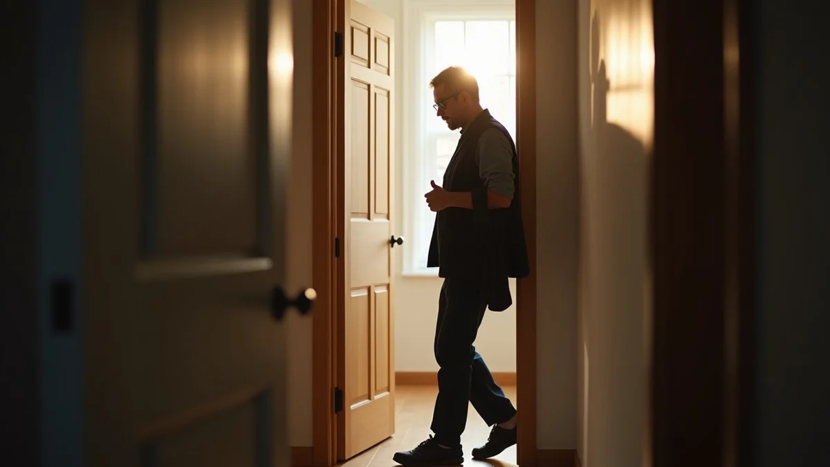 A middle-aged father places a clean jacket and walking shoes beside his apartment doorway