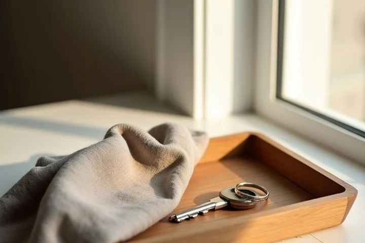 A wooden tray holds one house key, a plain ring, and a neatly folded scarf beside a closed interior door