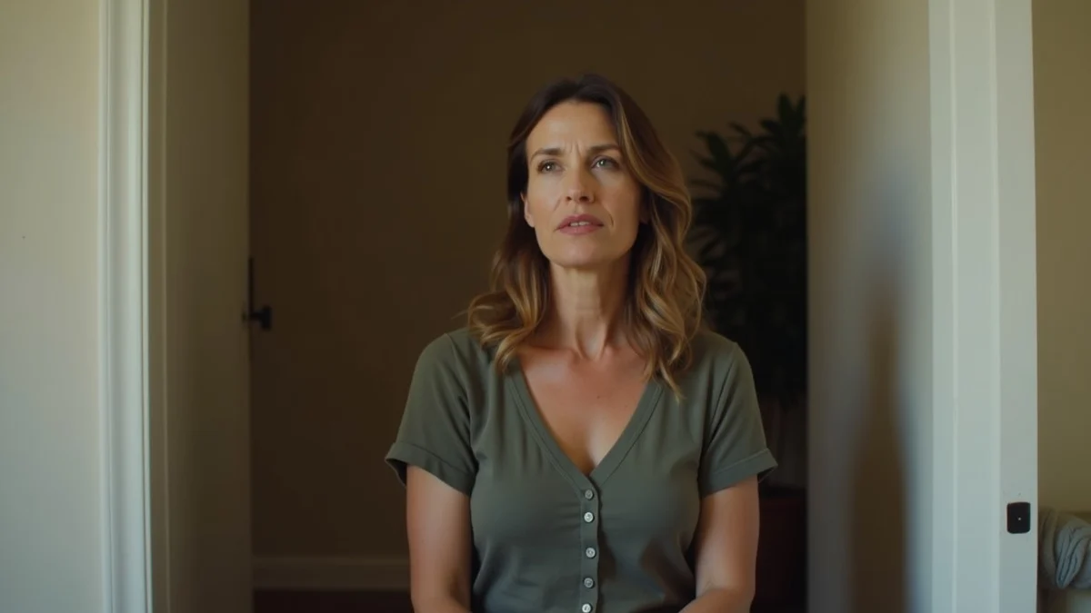A composed woman in her late forties sits in a quiet apartment entryway, shoulders relaxed and expression honest but forward-looking