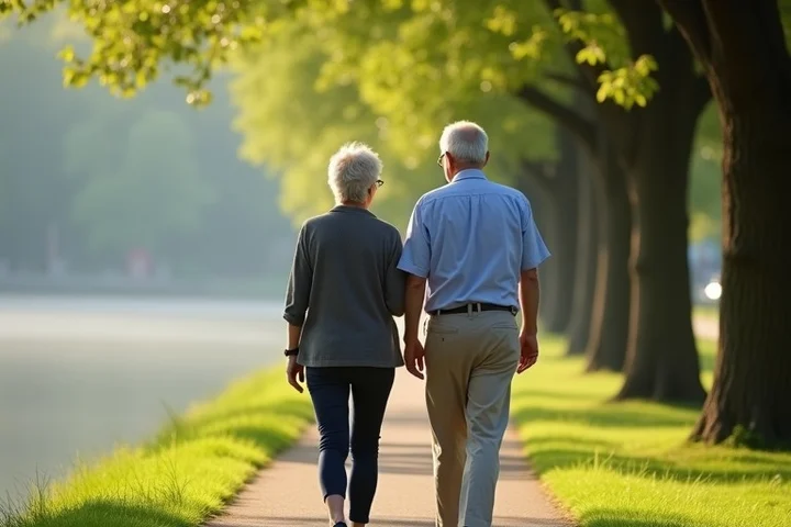 Two adults in their fifties walk side by side along a tree-lined riverside path, one speaking calmly while the other listens