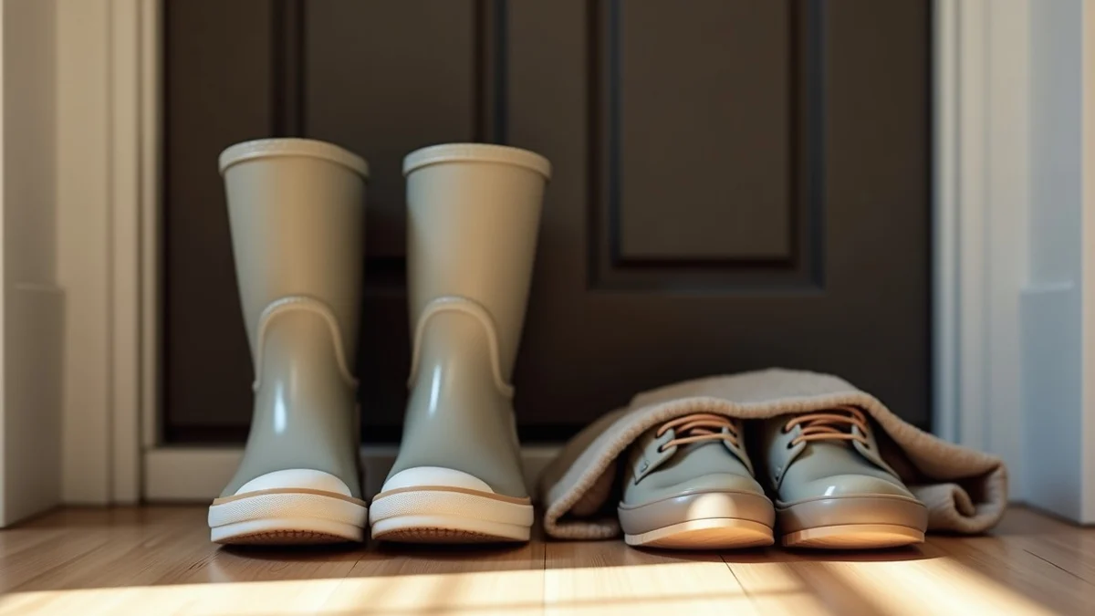 Two pairs of adult shoes rest beside a child’s rain boots on a simple entryway bench