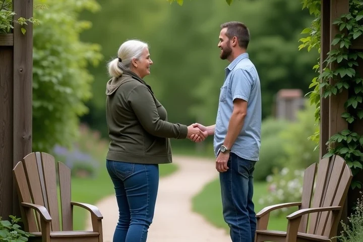 A parent and a new partner exchange a calm greeting at a community garden entrance, while an empty third chair nearby suggests a brief