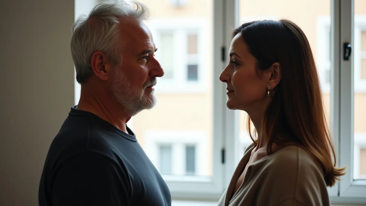 Two middle-aged partners face each other in a quiet portrait inside a bright art studio, listening with steady eye contact and thoughtful