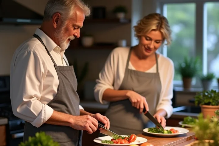 Two mature partners prepare a simple dinner together in a warm kitchen, one chopping vegetables while the other sets plates