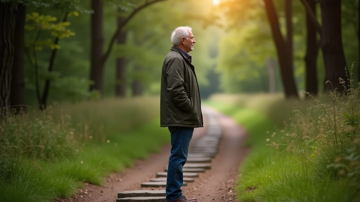 A middle-aged man pauses between two diverging woodland paths