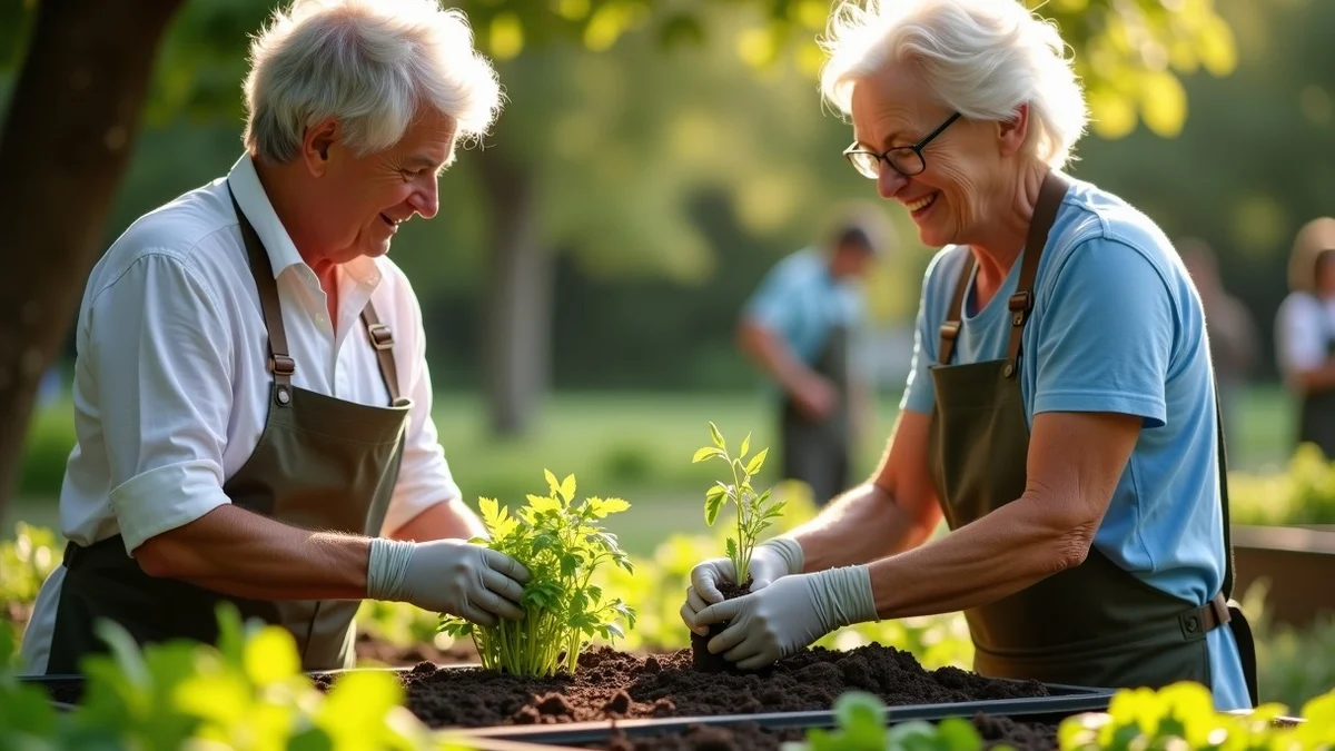 Two middle-aged adults transplant small herbs together at a community garden worktable, relaxed conversation growing naturally from a shared task