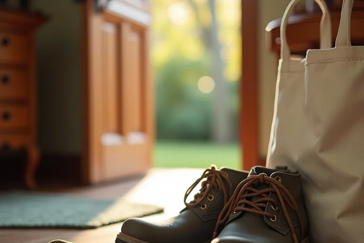 A pair of sturdy walking shoes rests beside gardening gloves and a plain canvas tote in a tidy mudroom