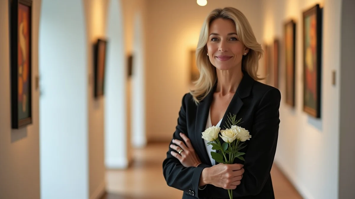A composed middle-aged woman stands confidently in a softly lit art gallery foyer, portrait without any device