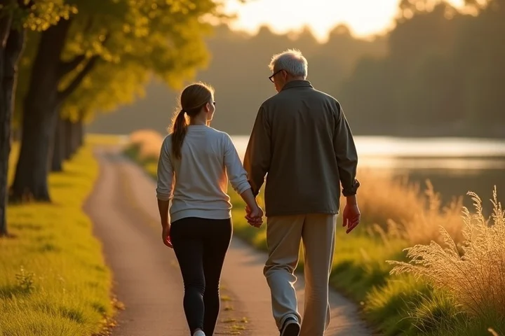 Two mature adults walk side by side along a riverside trail, leaving comfortable space between them while talking naturally