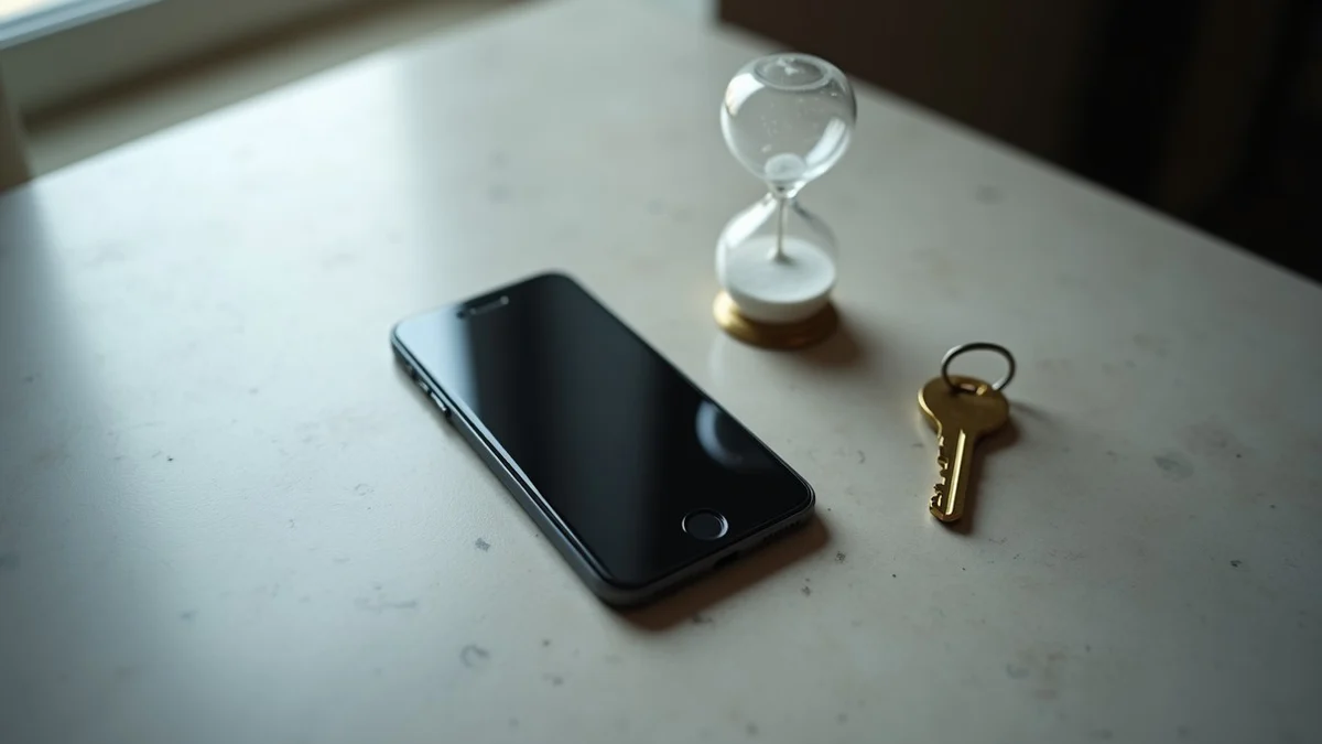 A face-down smartphone rests beside a brass house key and a small hourglass on a matte stone hallway table