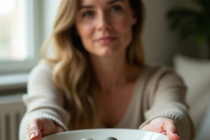 A thoughtful woman in her forties selects one of three smooth, unmarked stones from a shallow ceramic bowl