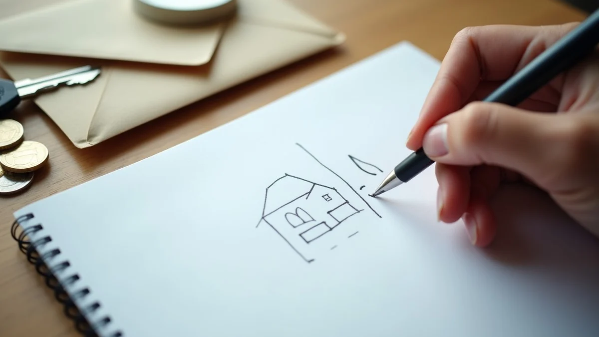 A careful hand records a few abstract marks in a blank notebook beside a house key, sealed envelope, magnifying glass
