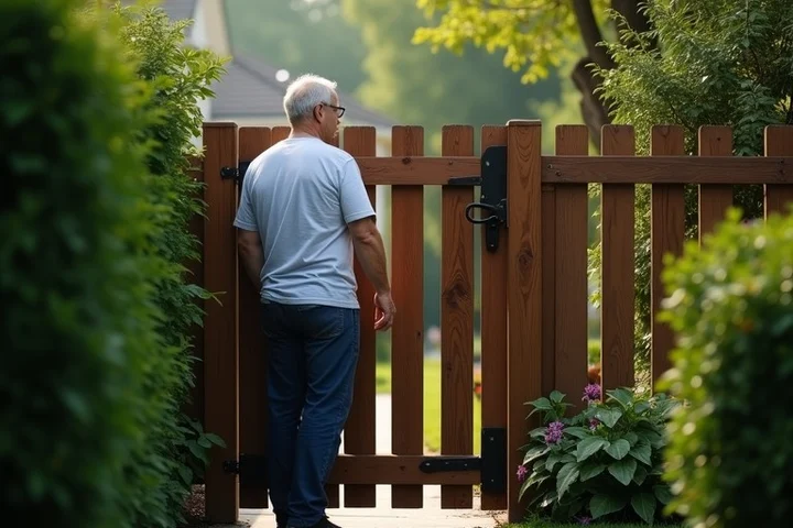 A mature person closes a sturdy wooden garden gate between a quiet residential yard and the public sidewalk