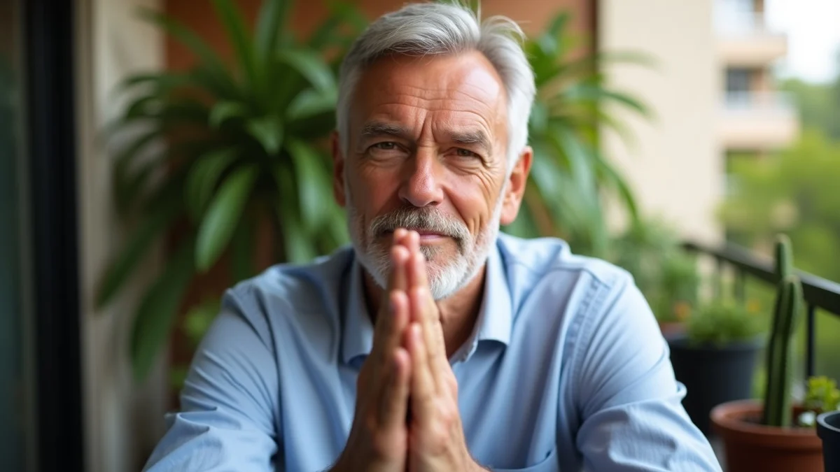 A middle-aged man faces the camera with relaxed hands and an attentive, grounded expression, conveying respect, reliability, accountability