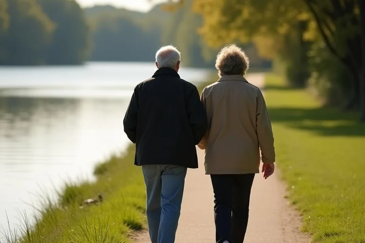 Two middle-aged adults walk side by side at a comfortable pace along a riverside trail, illustrating present-focused interest, everyday compatibility