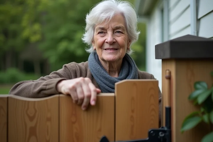 A middle-aged woman calmly closes a wooden garden gate and rests one hand on its latch, expressing a clear protective boundary without conflict
