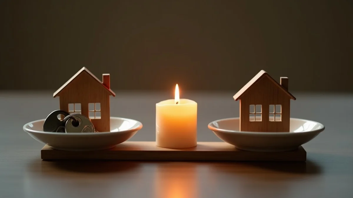 Two separate sets of house keys rest in distinct shallow dishes on opposite sides of a narrow wooden bridge-shaped divider