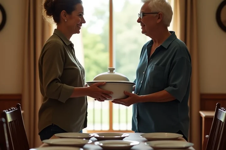 Two middle-aged adults carry one covered serving dish together into a neighborhood community hall