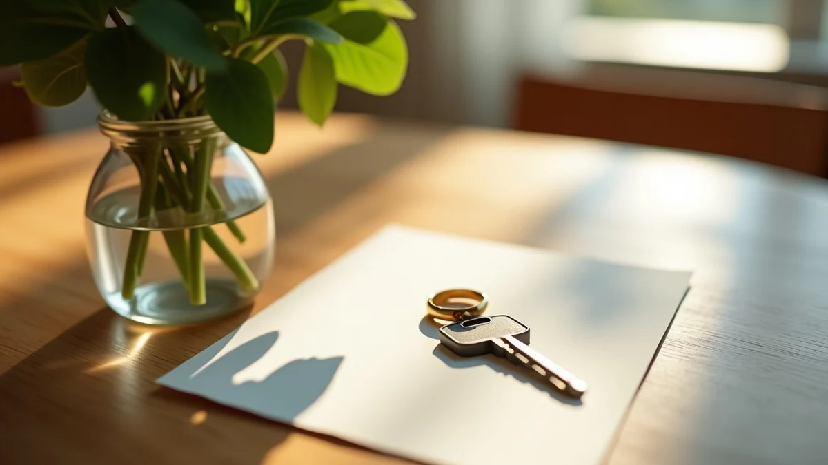 A wedding ring rests beside a fresh house key and a small vase of green leaves on an oak dining table