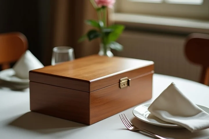 A closed wooden keepsake box sits beside a single fresh flower and two neatly arranged place settings on a quiet dining table