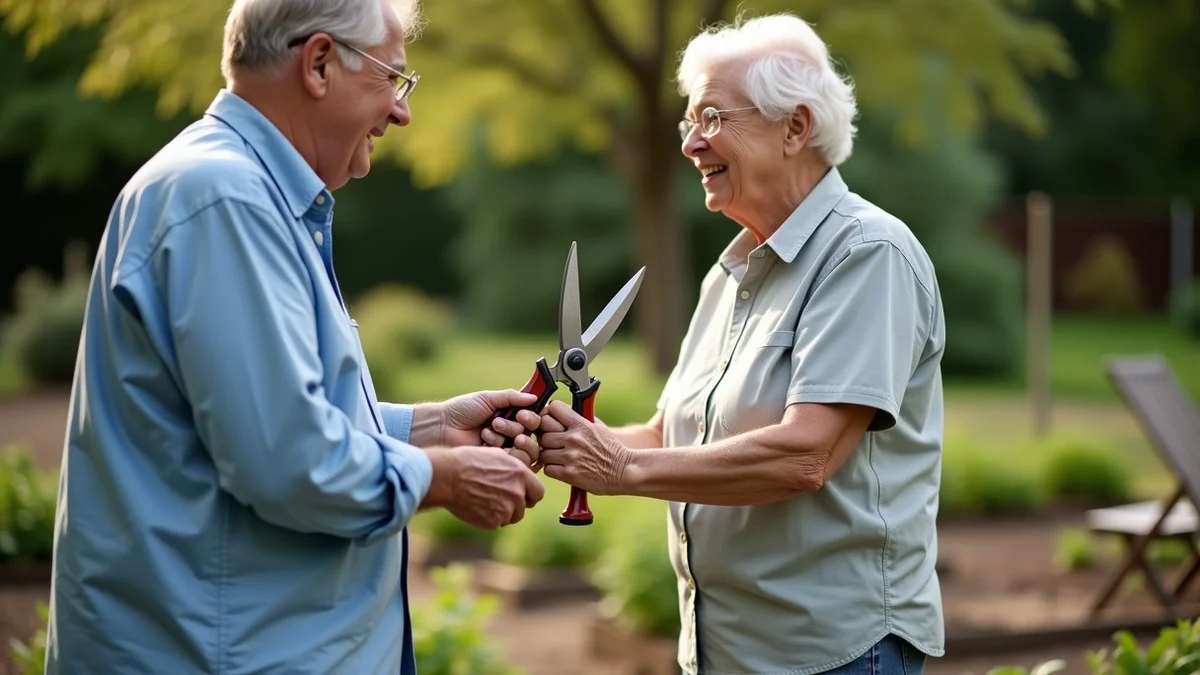 Two middle-aged adults calmly return a borrowed set of gardening shears to each other at a neighborhood community garden