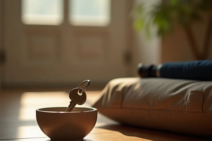 A returned house key is placed in a ceramic bowl beside a packed tote and neatly folded umbrella in a quiet home entryway